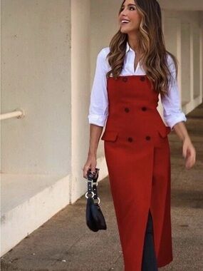Zara Red Double-Breasted Pinafore Jumpsuit Dress with Front Slit Sz XS